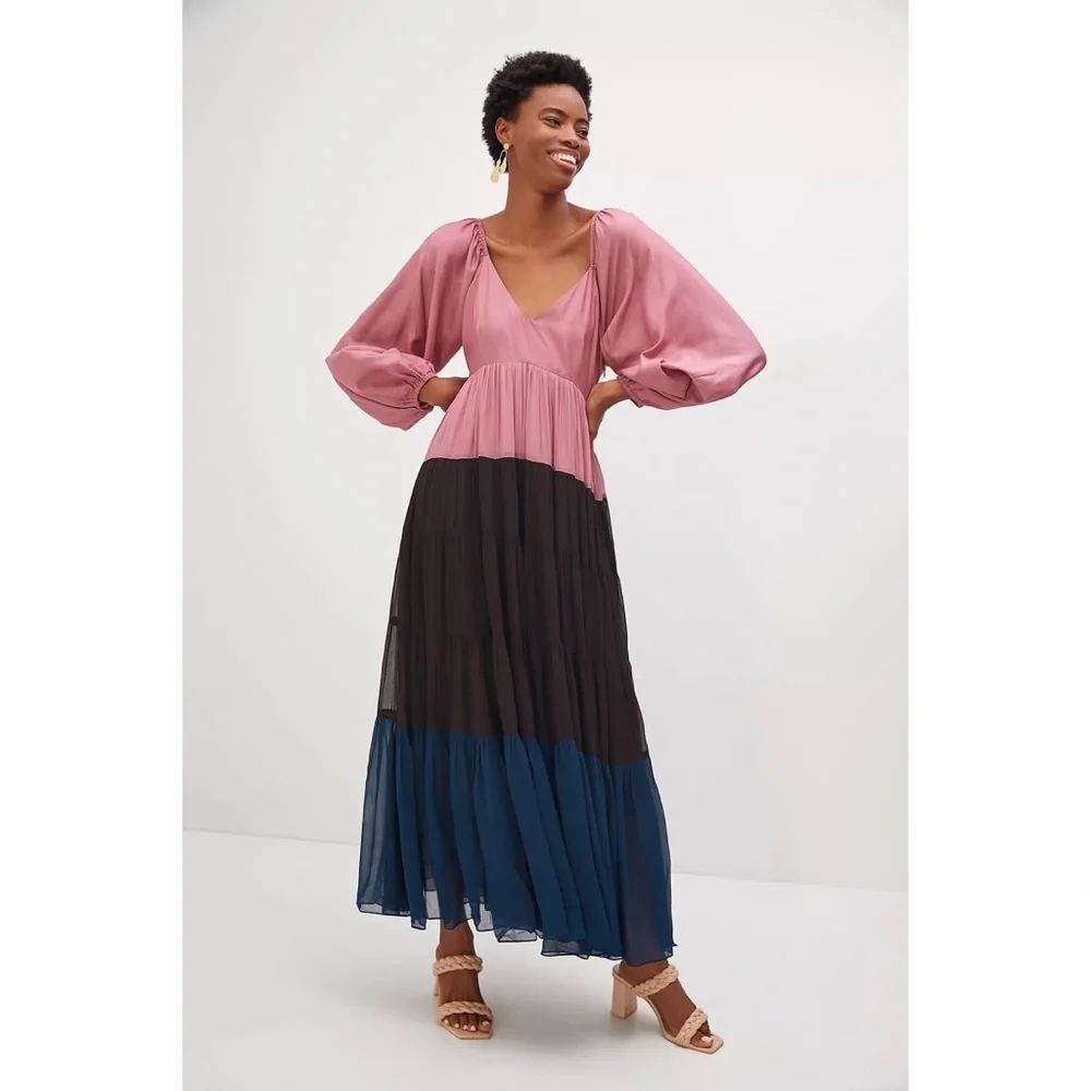 Anthropologie Nirmooha Puff-Sleeved Colorblocked Maxi Dress